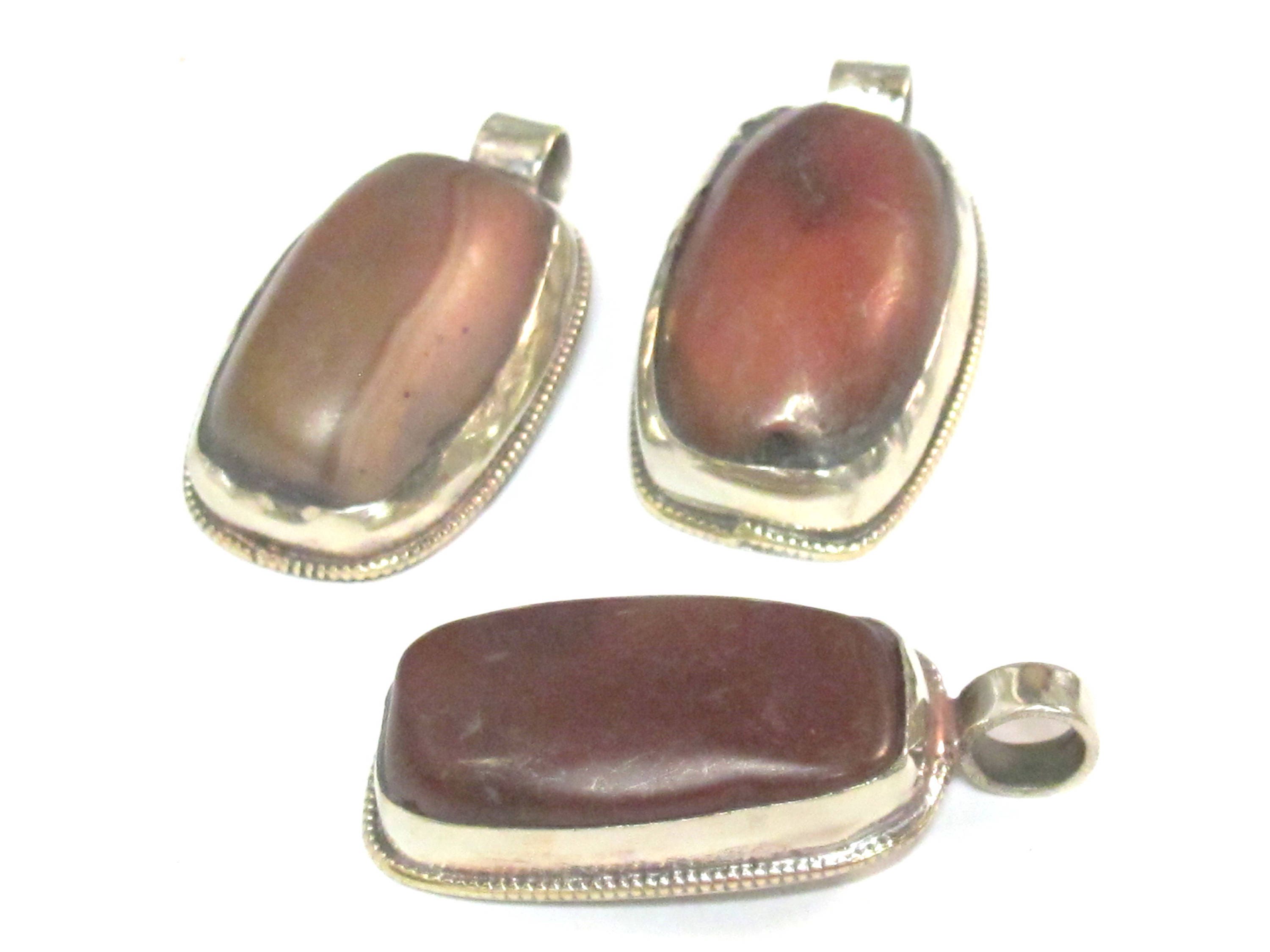 2 Pendants - Himalayan natural carnelian gemstone tibetan silver pendant with reverse side flower carving - PM577Ex