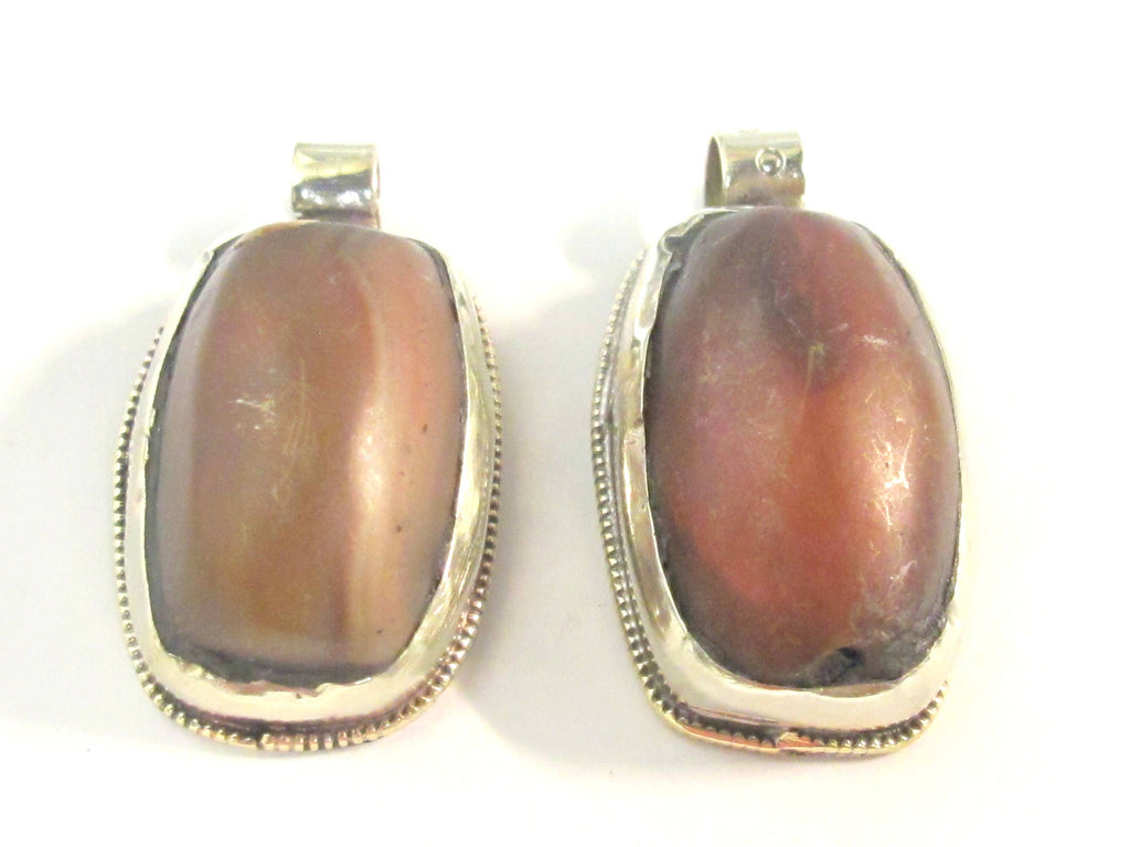 2 Pendants - Himalayan natural carnelian gemstone tibetan silver pendant with reverse side flower carving - PM577Ex