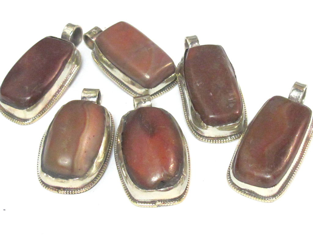 2 Pendants - Himalayan natural carnelian gemstone tibetan silver pendant with reverse side flower carving - PM577Ex