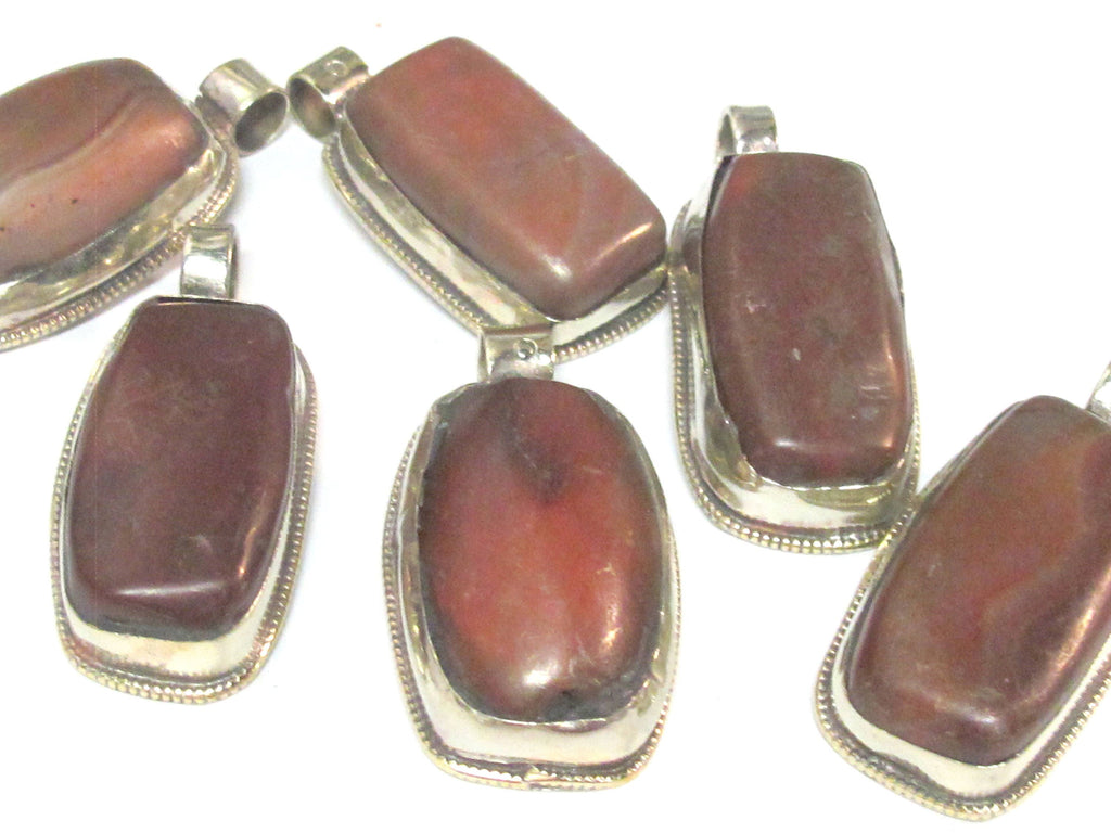 3 Pendants - Himalayan natural carnelian gemstone tibetan silver pendant with reverse side flower carving - PM577Ex