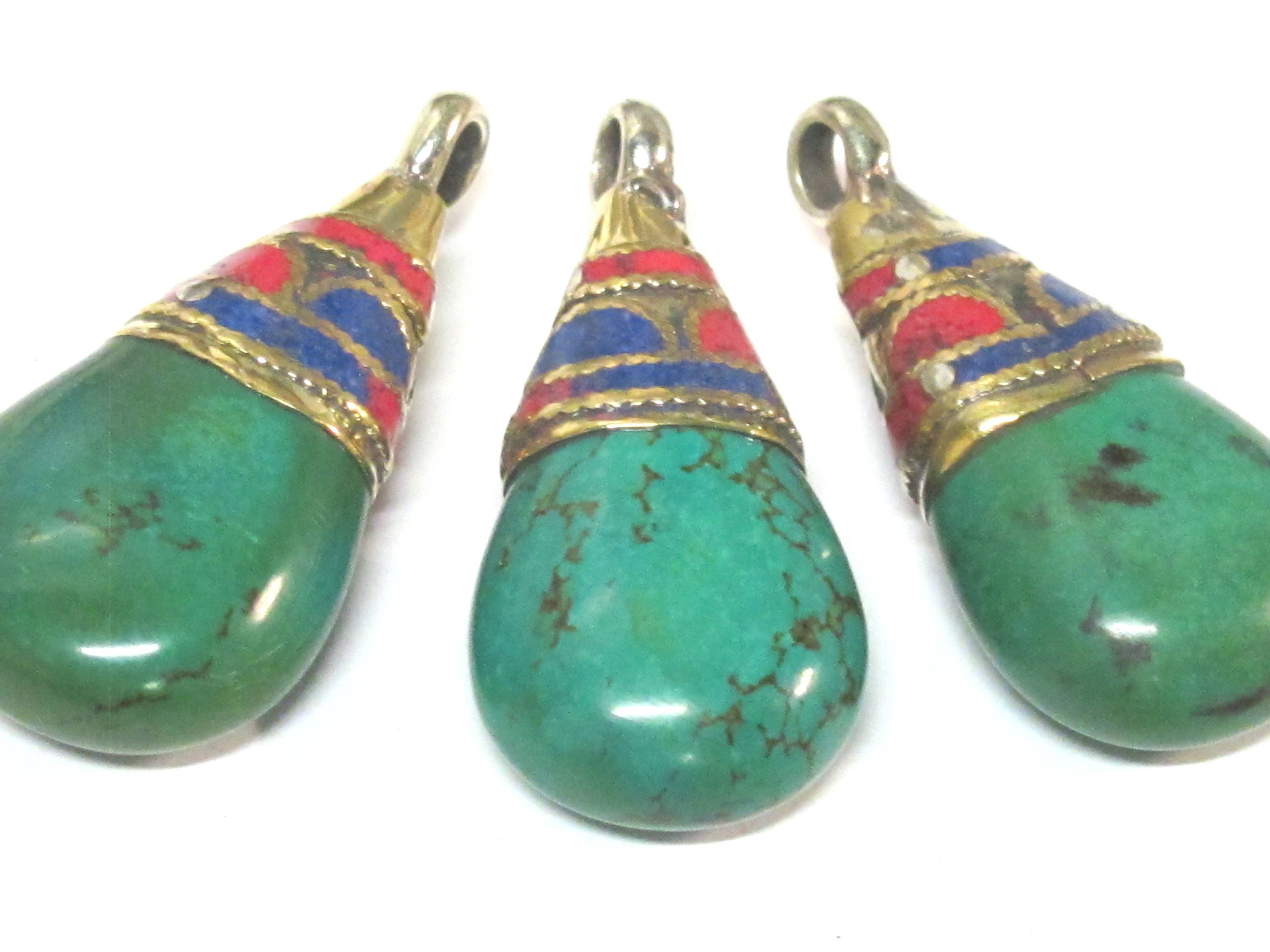 1 Pendant - Beautiful Ethnic Nepal Tibetan turquoise drop pendant with brass bail lapis inlay -- PM578