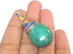 1 Pendant - Beautiful Ethnic Nepal Tibetan turquoise drop pendant with brass bail lapis inlay -- PM578