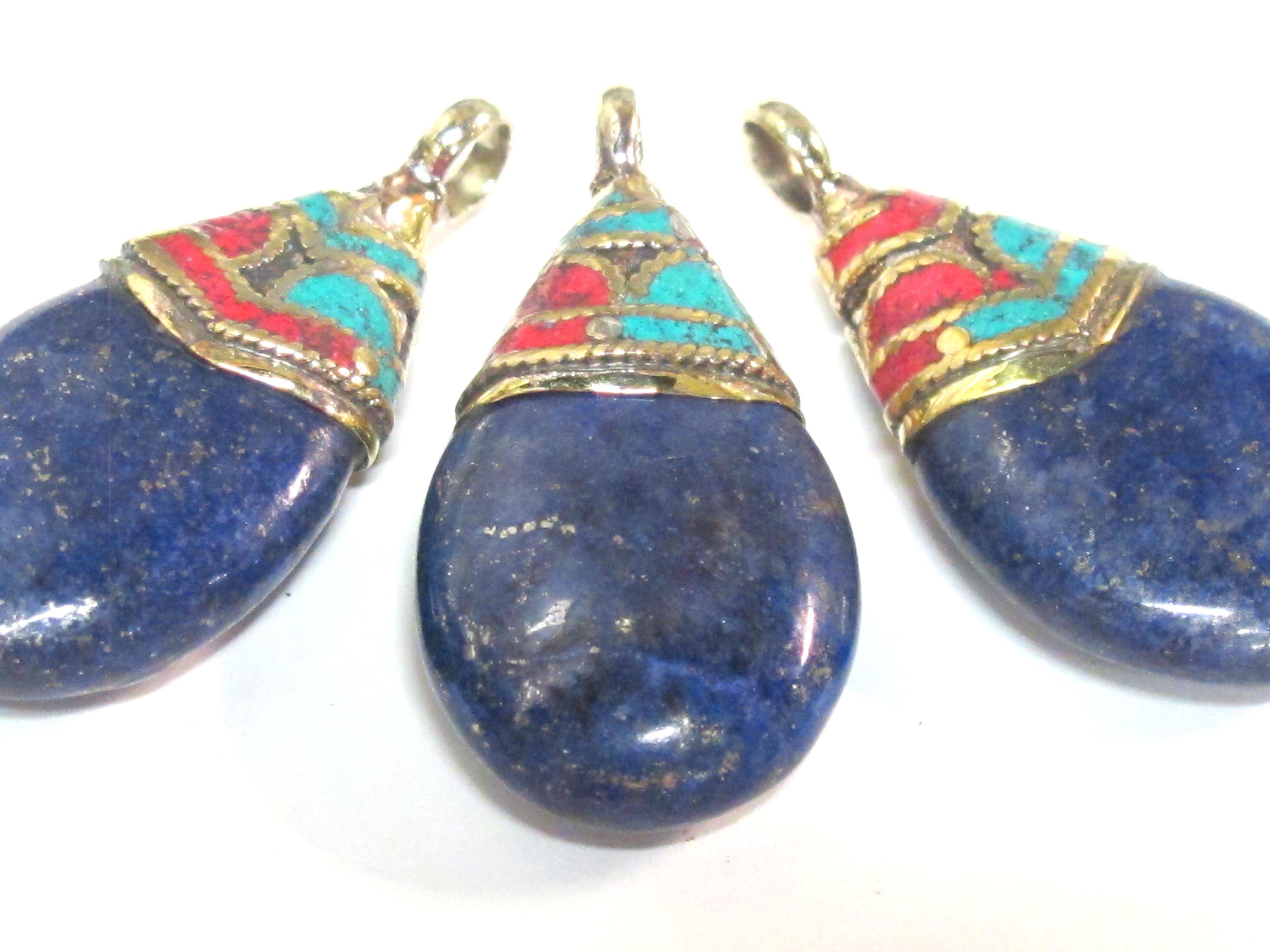 1 Pendant - Beautiful Ethnic Nepal Tibetan lapis drop pendant with brass bail turquoise inlay -- PM579
