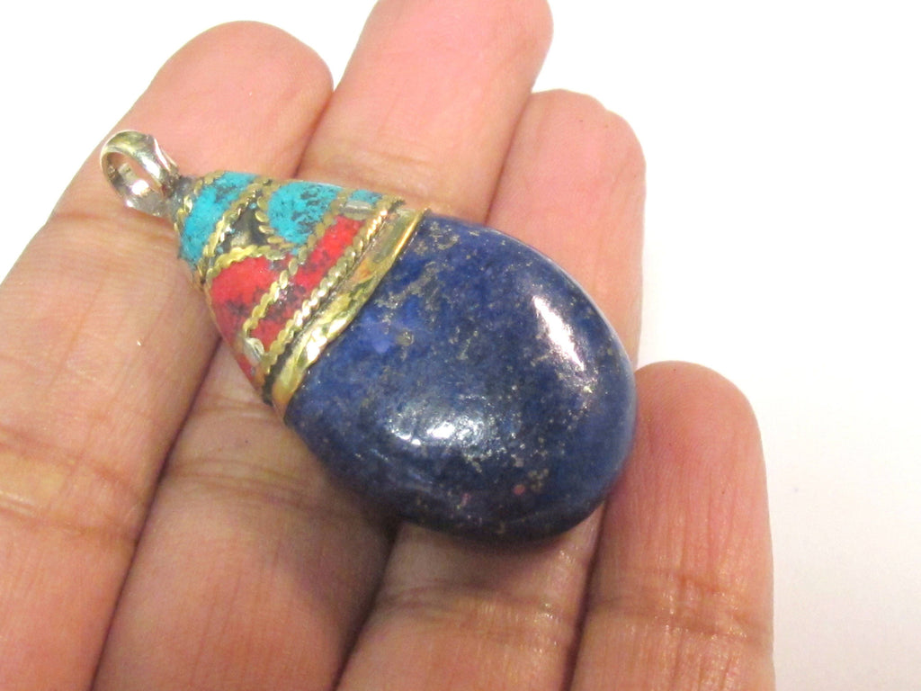 1 Pendant - Beautiful Ethnic Nepal Tibetan lapis drop pendant with brass bail turquoise inlay -- PM579