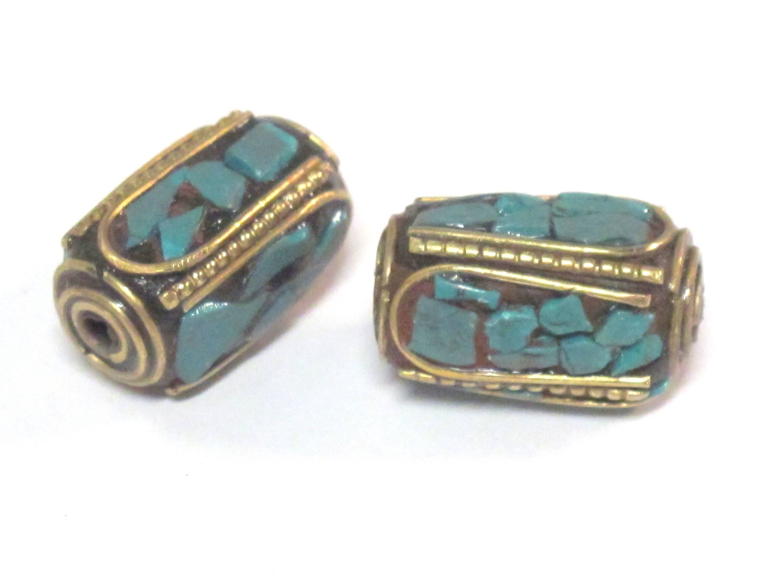 1 Bead - long thick cuboid shape Tibetan brass beads with moasic turquoise inlay 18 - 19 mm long - BD971