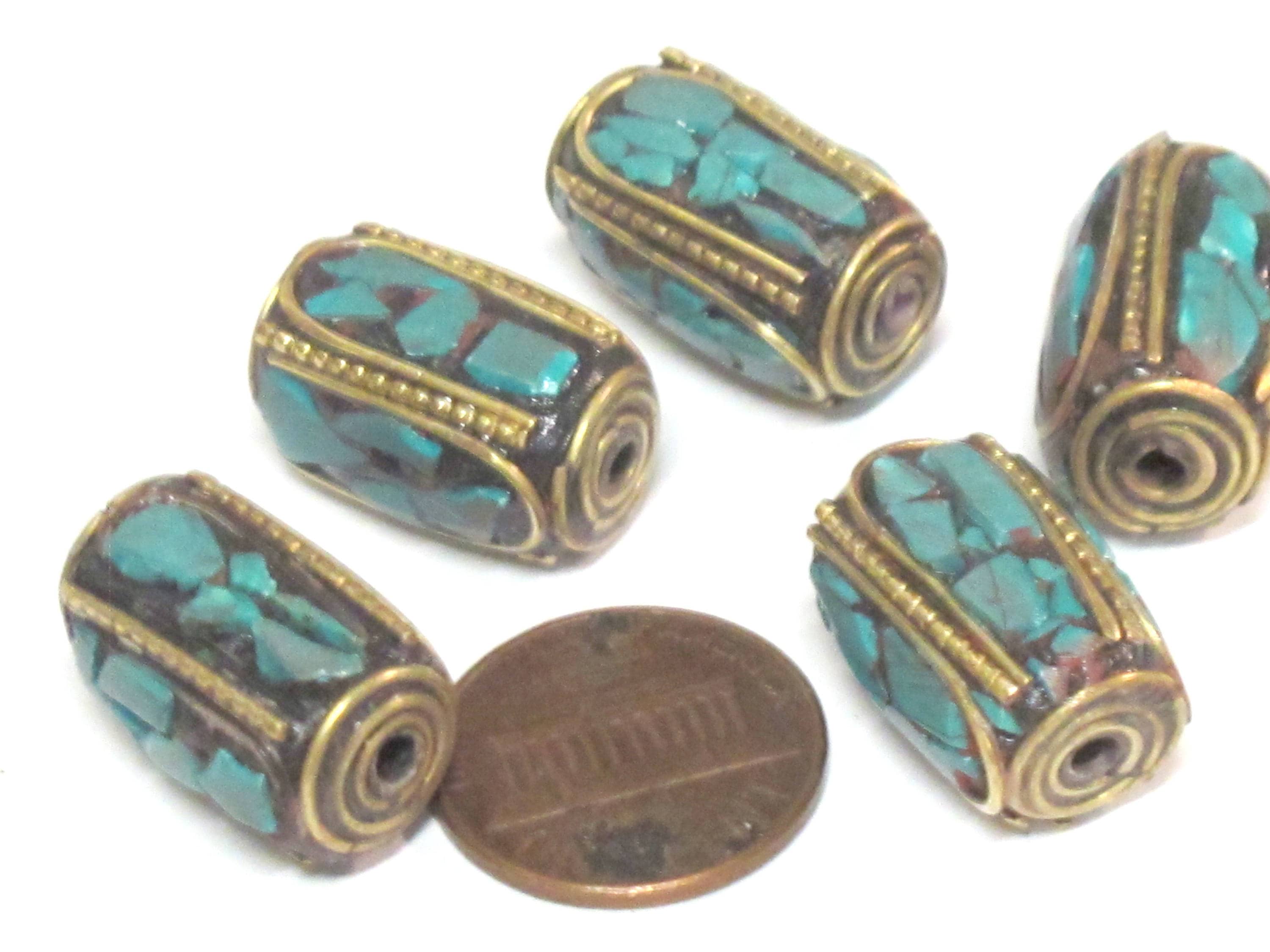 1 Bead - long thick cuboid shape Tibetan brass beads with moasic turquoise inlay 18 - 19 mm long - BD971