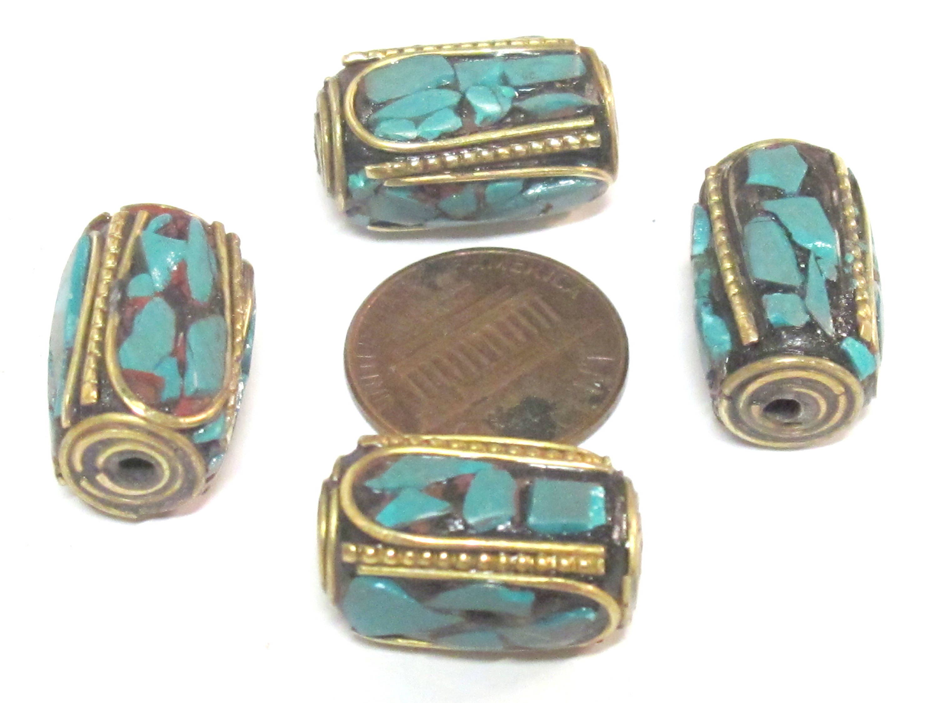 1 Bead - long thick cuboid shape Tibetan brass beads with moasic turquoise inlay 18 - 19 mm long - BD971