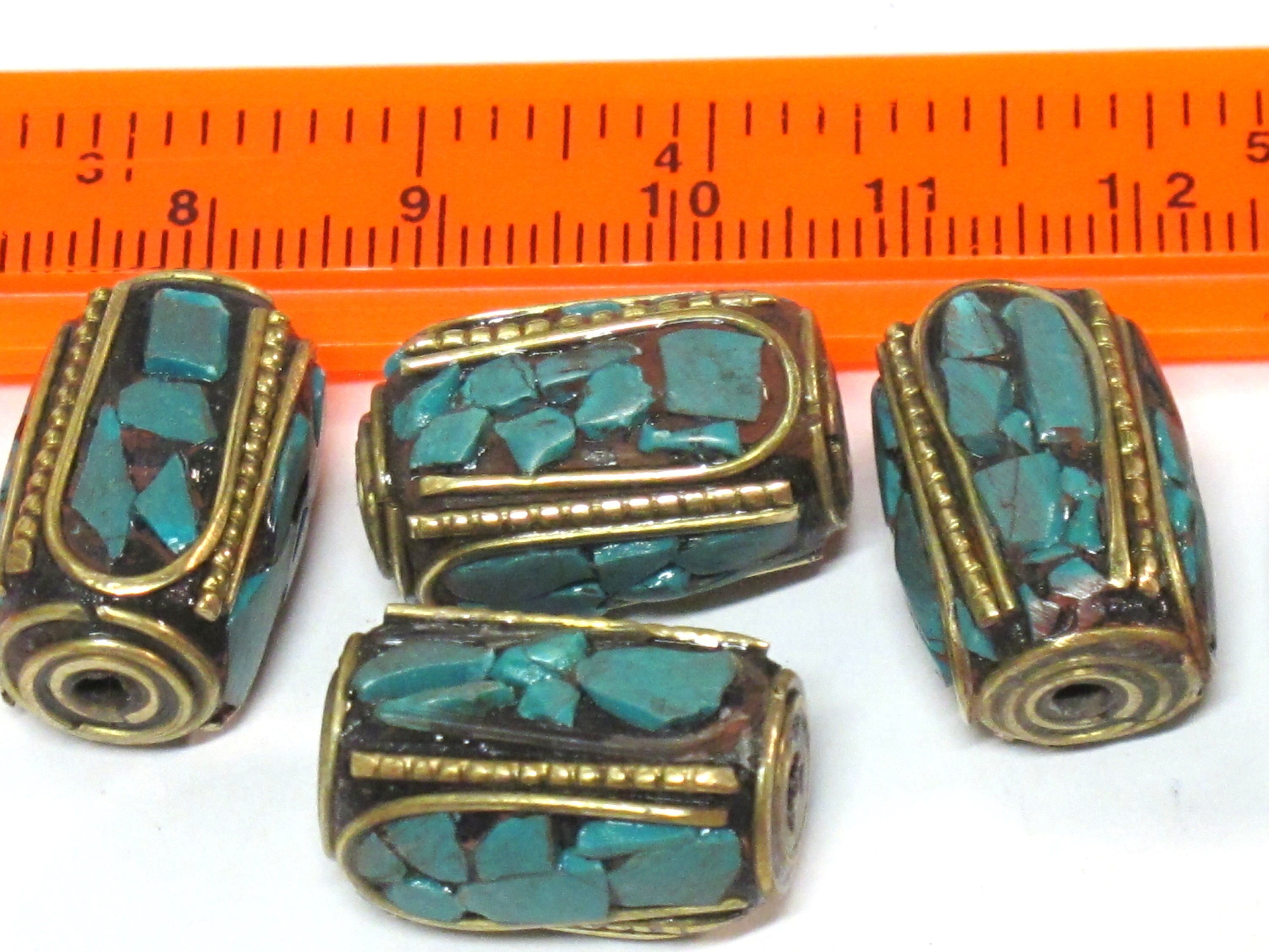 Nepal beads - 2 beads - long thick cuboid shape Tibetan nepal brass beads moasic turquoise inlay 18 - 19 mm long nepal focal beads - BD971