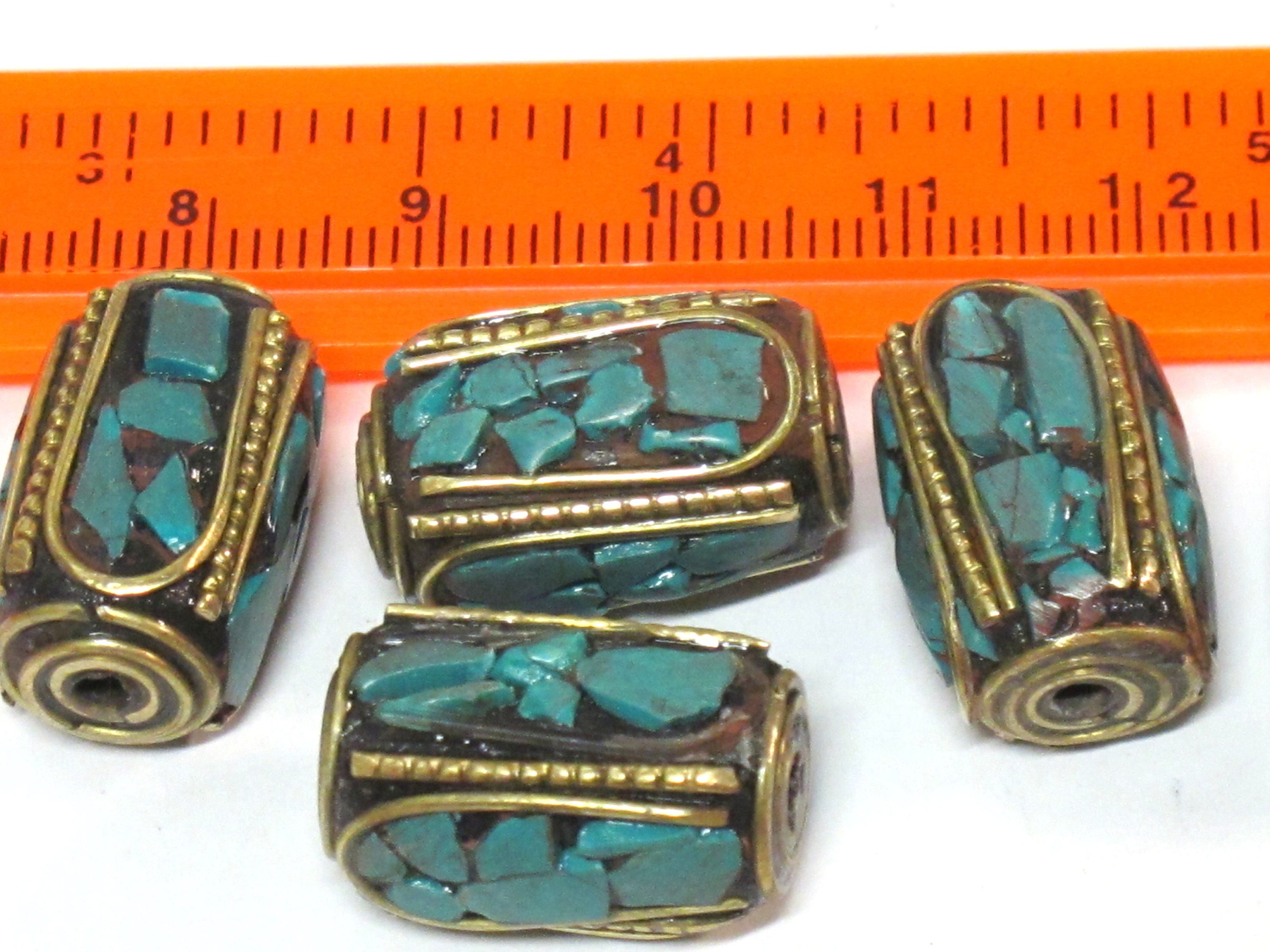 1 Bead - long thick cuboid shape Tibetan brass beads with moasic turquoise inlay 18 - 19 mm long - BD971