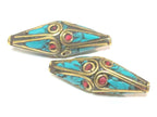 1 Bead - Long Bicone shape ethnic Nepal brass beads with turquoise inlay - BD972