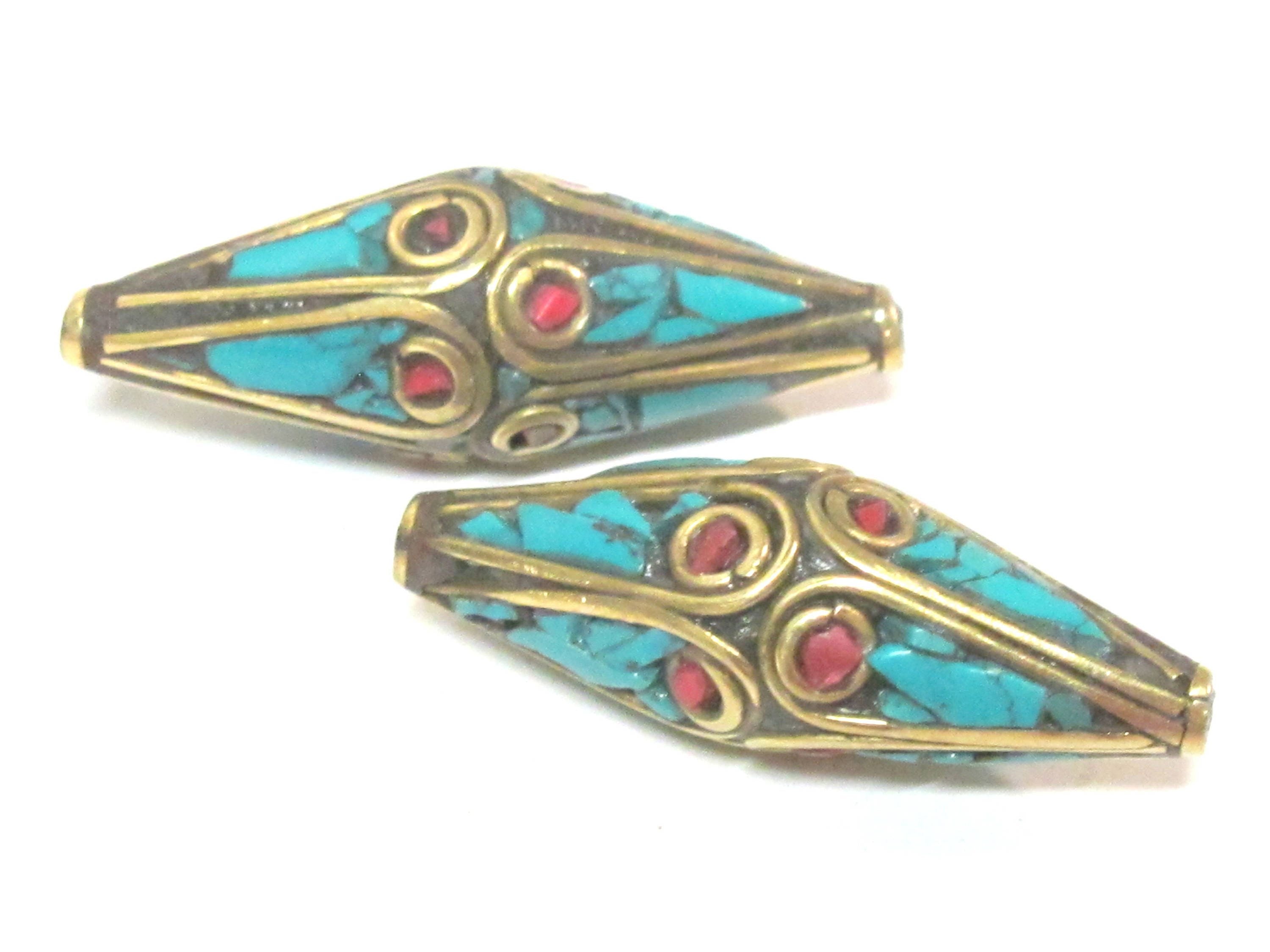 1 Bead - Long Bicone shape ethnic Nepal brass beads with turquoise inlay - BD972