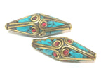 2 Beads - Long Bicone shape ethnic Nepal brass beads with turquoise inlay - BD972s