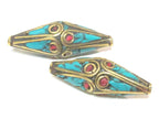 1 Bead - Long Bicone shape ethnic Nepal brass beads with turquoise inlay - BD972