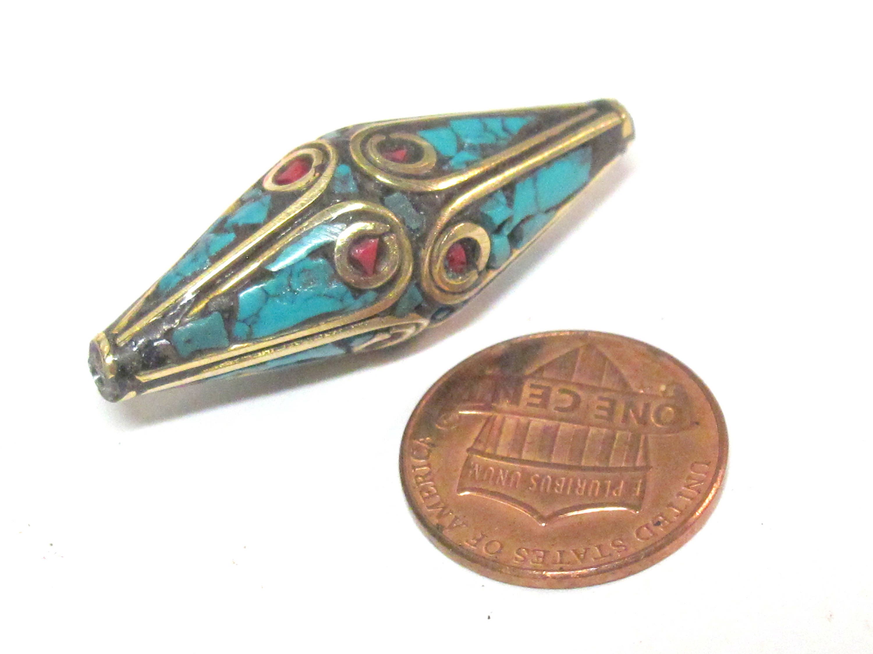 2 Beads - Long Bicone shape ethnic Nepal brass beads with turquoise inlay - BD972s