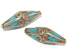 2 Beads - Long Bicone shape ethnic Nepal brass beads with turquoise inlay - BD972s