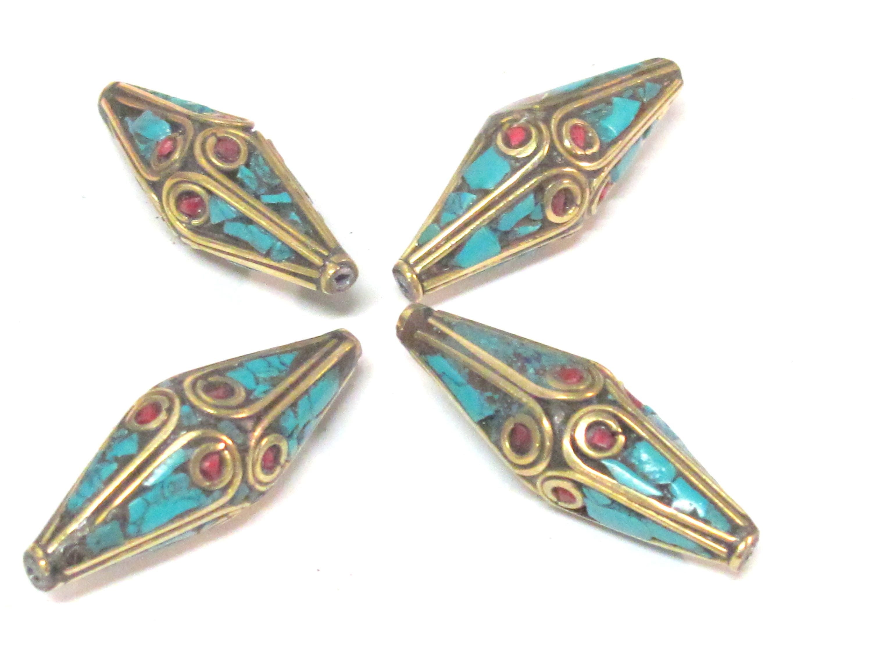 2 Beads - Long Bicone shape ethnic Nepal brass beads with turquoise inlay - BD972s
