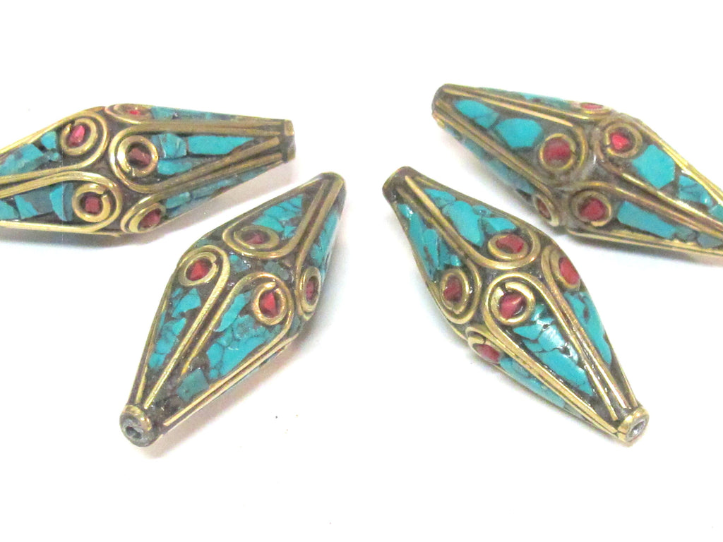 2 Beads - Long Bicone shape ethnic Nepal brass beads with turquoise inlay - BD972s