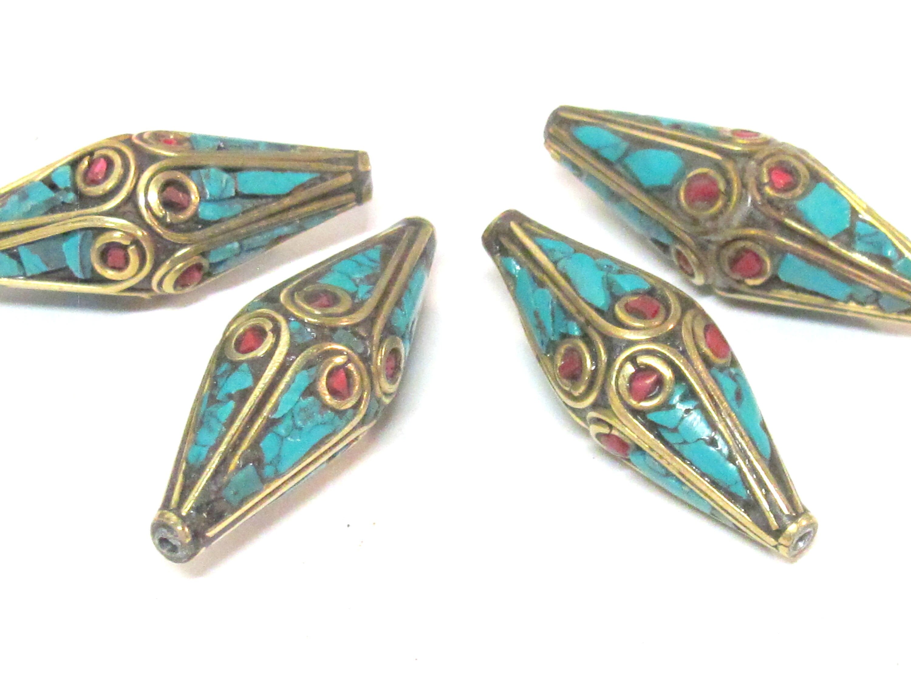 2 Beads - Long Bicone shape ethnic Nepal brass beads with turquoise inlay - BD972s