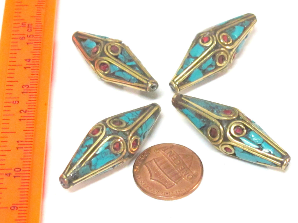 2 Beads - Long Bicone shape ethnic Nepal brass beads with turquoise inlay - BD972s