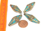 1 Bead - Long Bicone shape ethnic Nepal brass beads with turquoise inlay - BD972