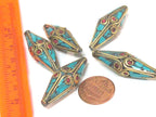 2 Beads - Long Bicone shape ethnic Nepal brass beads with turquoise inlay - BD972s