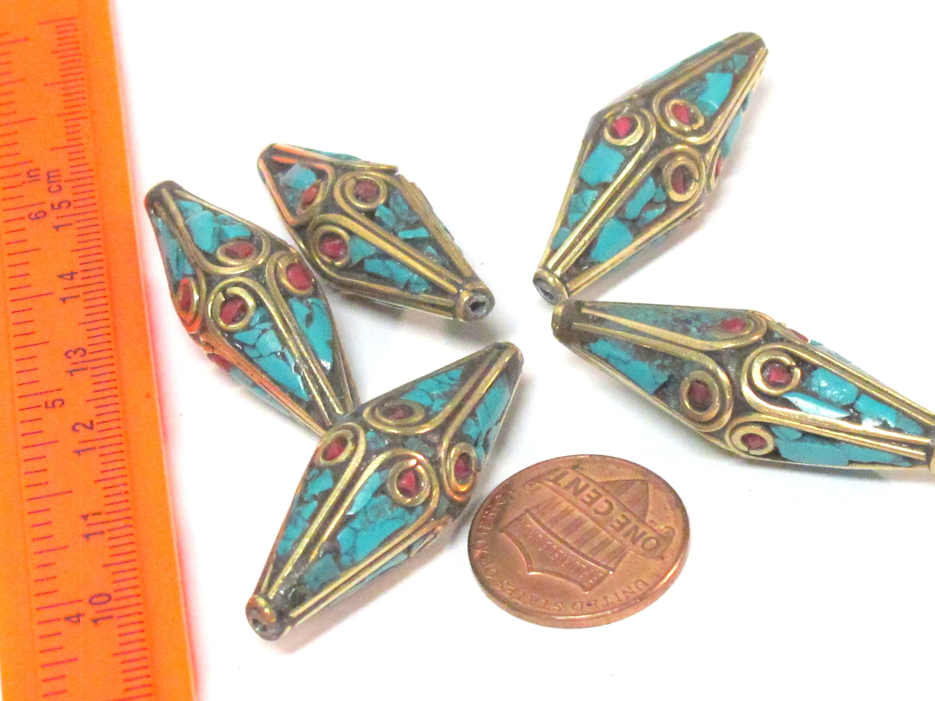 2 Beads - Long Bicone shape ethnic Nepal brass beads with turquoise inlay - BD972s