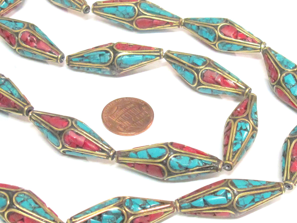 4 Beads - Long Bicone shape ethnic Nepal brass beads with turquoise inlay - 37 mm long - BD973s