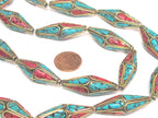 4 Beads - Long Bicone shape ethnic Nepal brass beads with turquoise inlay - 37 mm long - BD973s