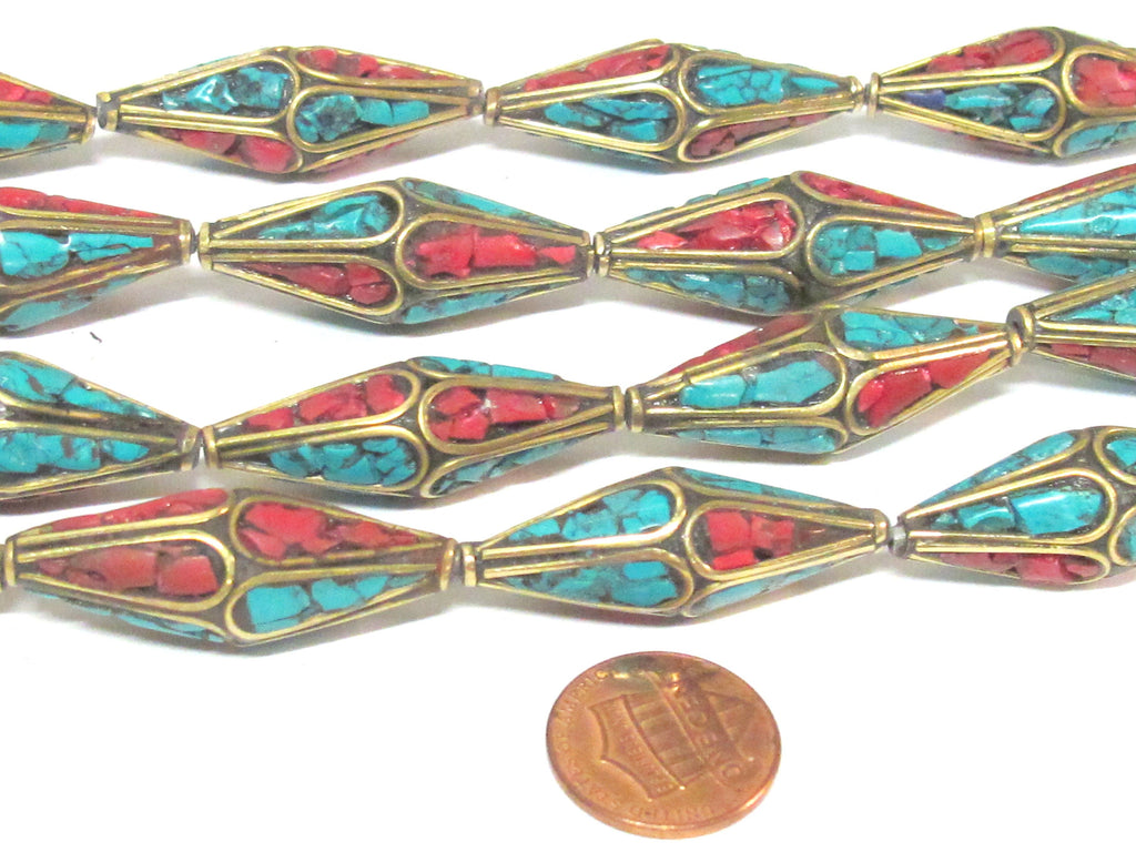 2 Beads - Long Bicone shape ethnic Nepal brass beads with turquoise inlay - 37 mm long - BD973