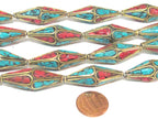 2 Beads - Long Bicone shape ethnic Nepal brass beads with turquoise inlay - 37 mm long - BD973