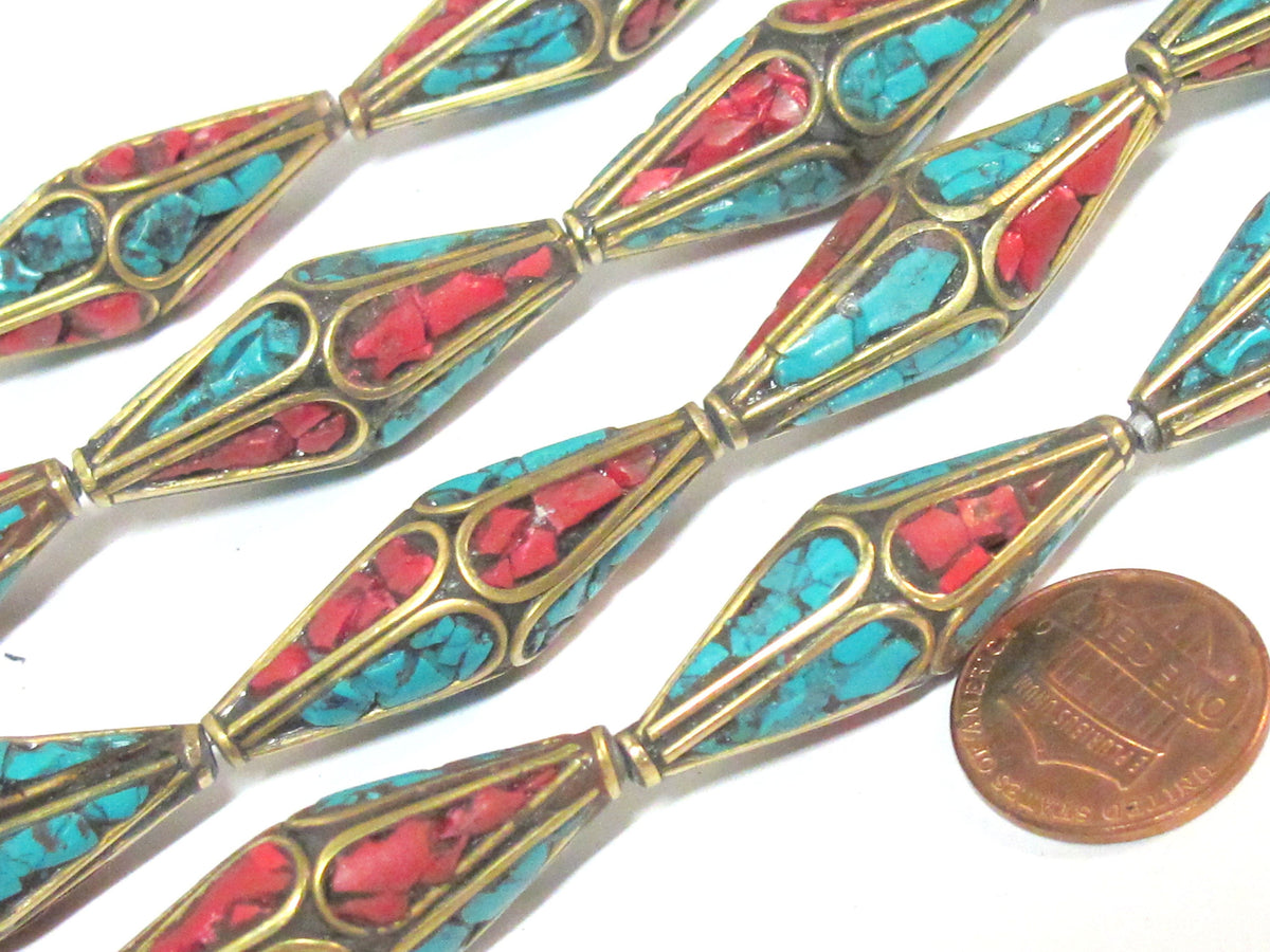 2 Beads - Long Bicone shape ethnic Nepal brass beads with turquoise inlay - 37 mm long - BD973