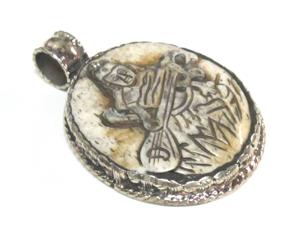 1 Pendant - Intricate carved ethnic Hindu Goddess Saraswati Maa recycled cattle bone pendant with floral carving on reverse side - PB007K