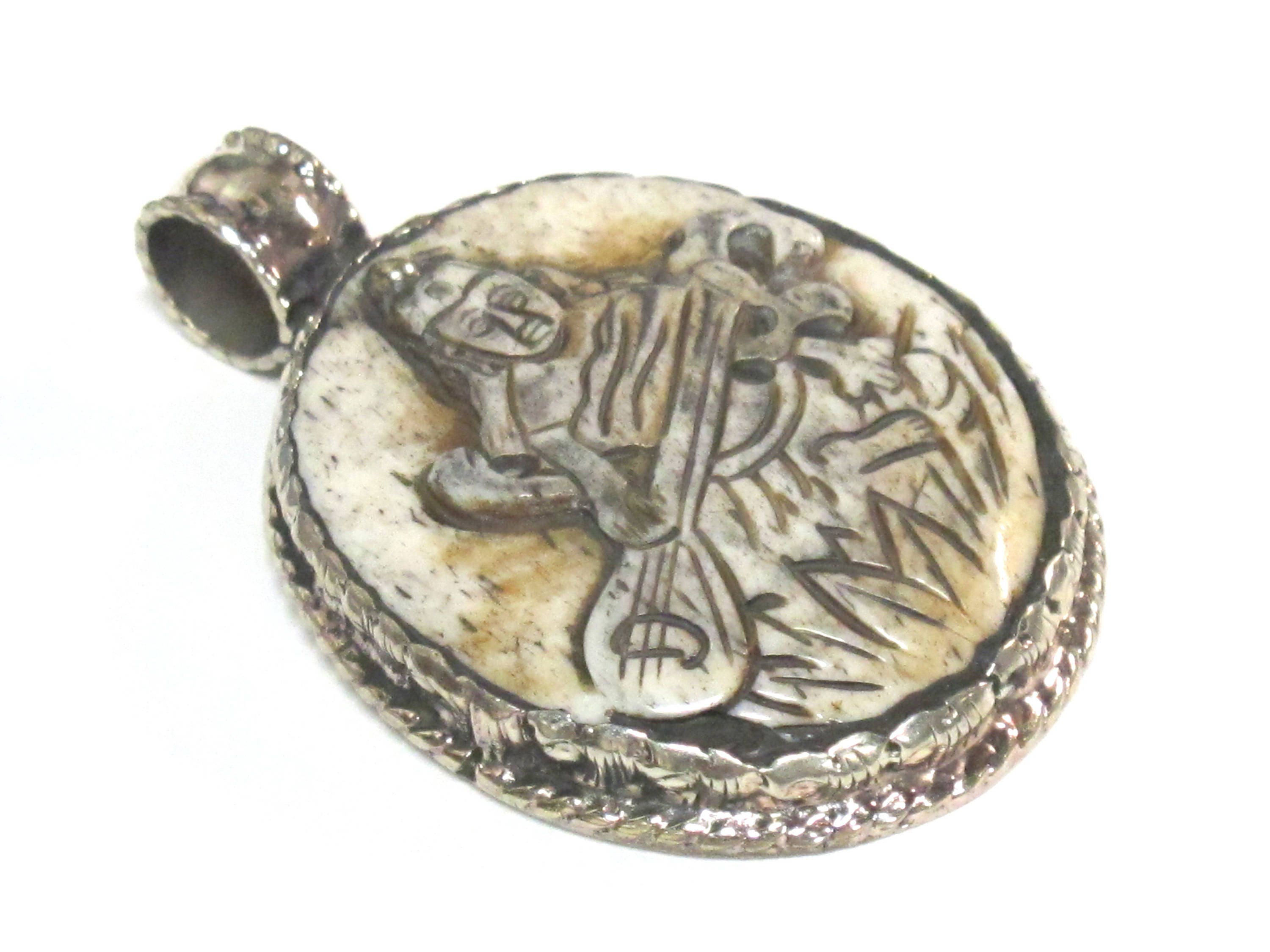 1 Pendant - Intricate carved ethnic Hindu Goddess Saraswati Maa recycled cattle bone pendant with floral carving on reverse side - PB007K