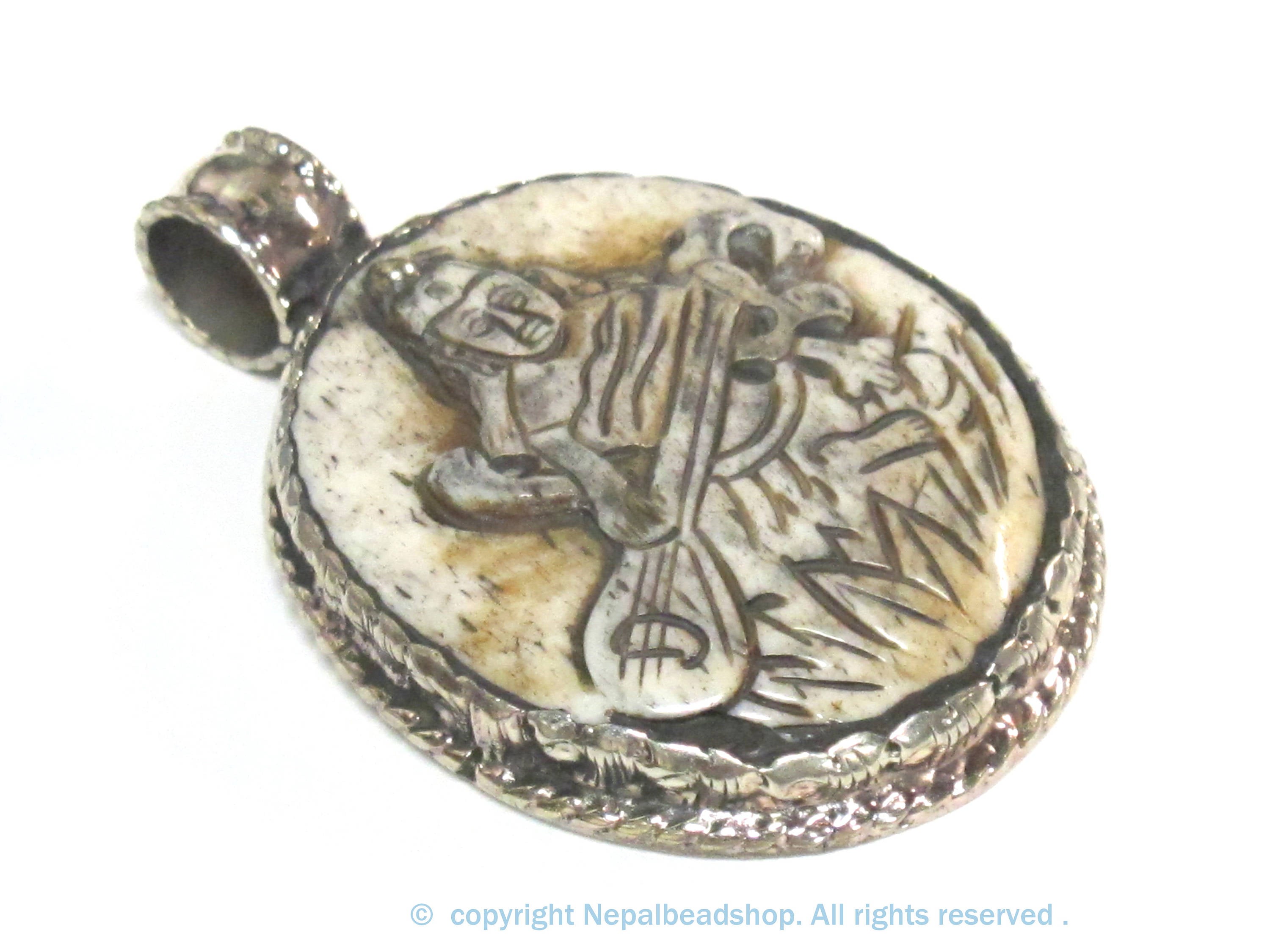 1 Pendant - Intricate carved ethnic Hindu Goddess Saraswati Maa recycled cattle bone pendant with floral carving on reverse side - PB007K