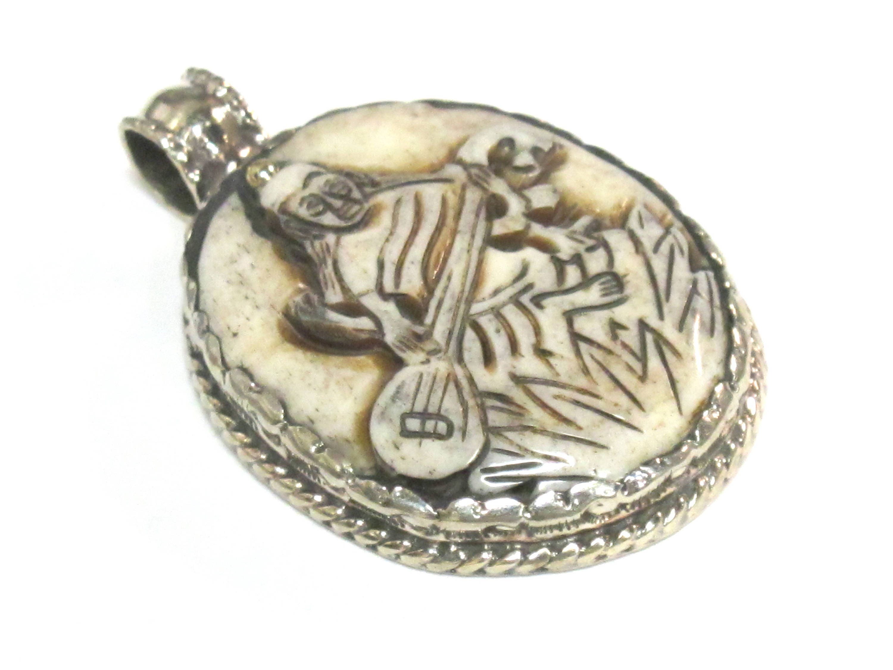 1 Pendant - Intricate carved ethnic Hindu Goddess Saraswati Maa recycled cattle bone pendant with floral carving on reverse side - PB007K