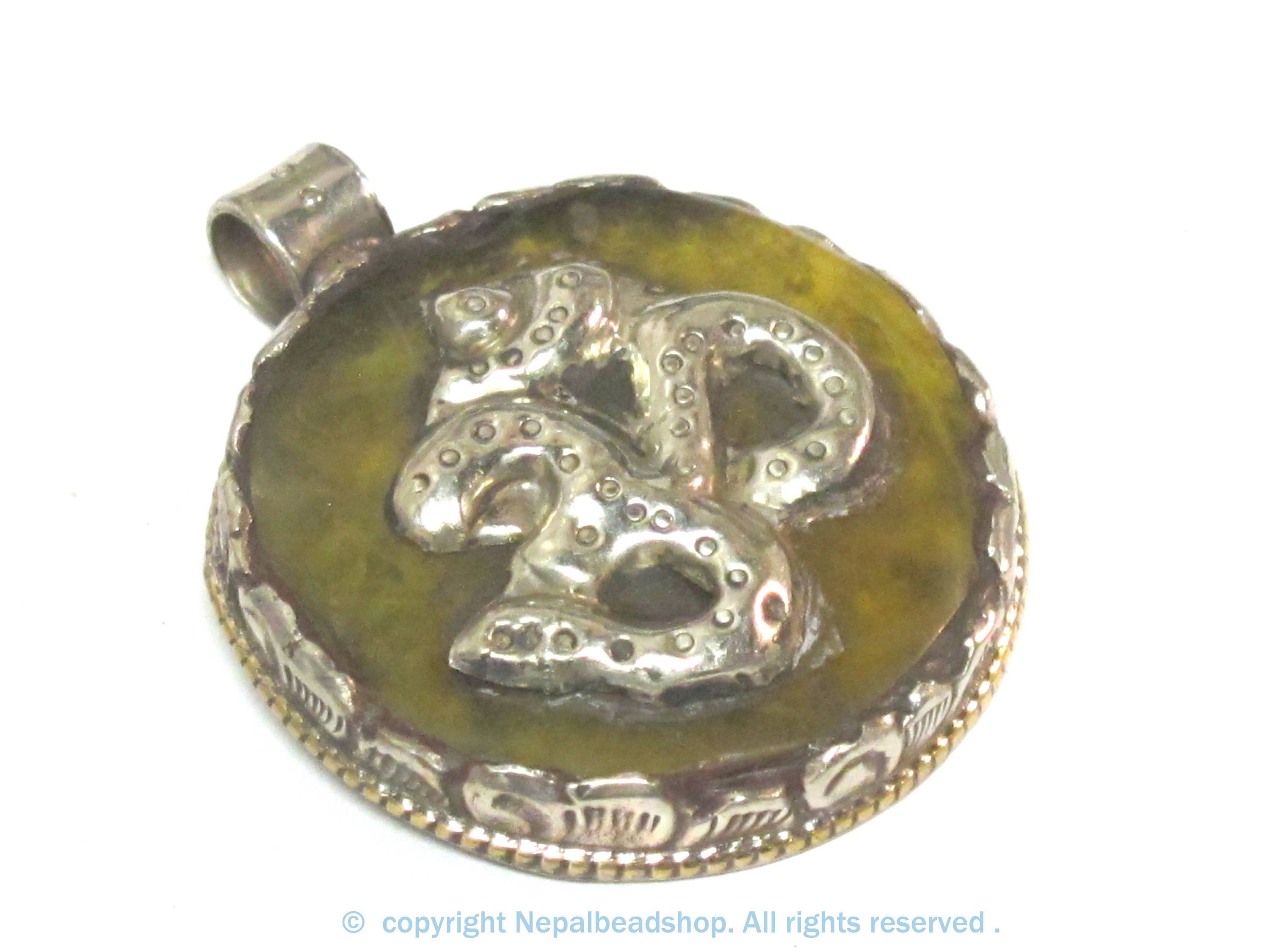 1 Pendant - Tibetan honey copal resin Om mantra pendant with reverse side Lotus flower design filigree - PM292K