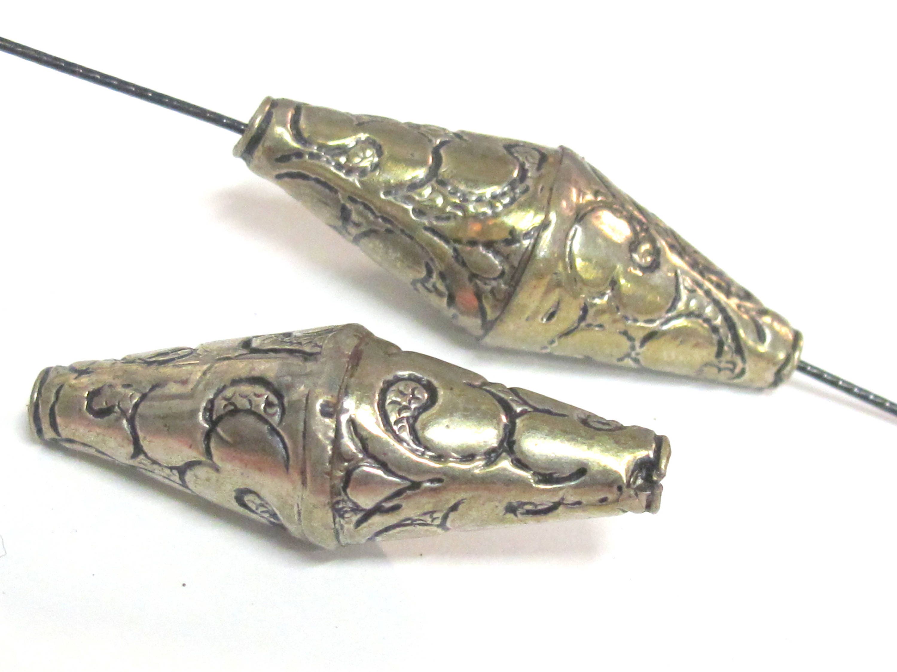 1 Bead - Beautiful Large Long bicone shape Tibetan silver floral repousse ethnic beads from Nepal - BD213B