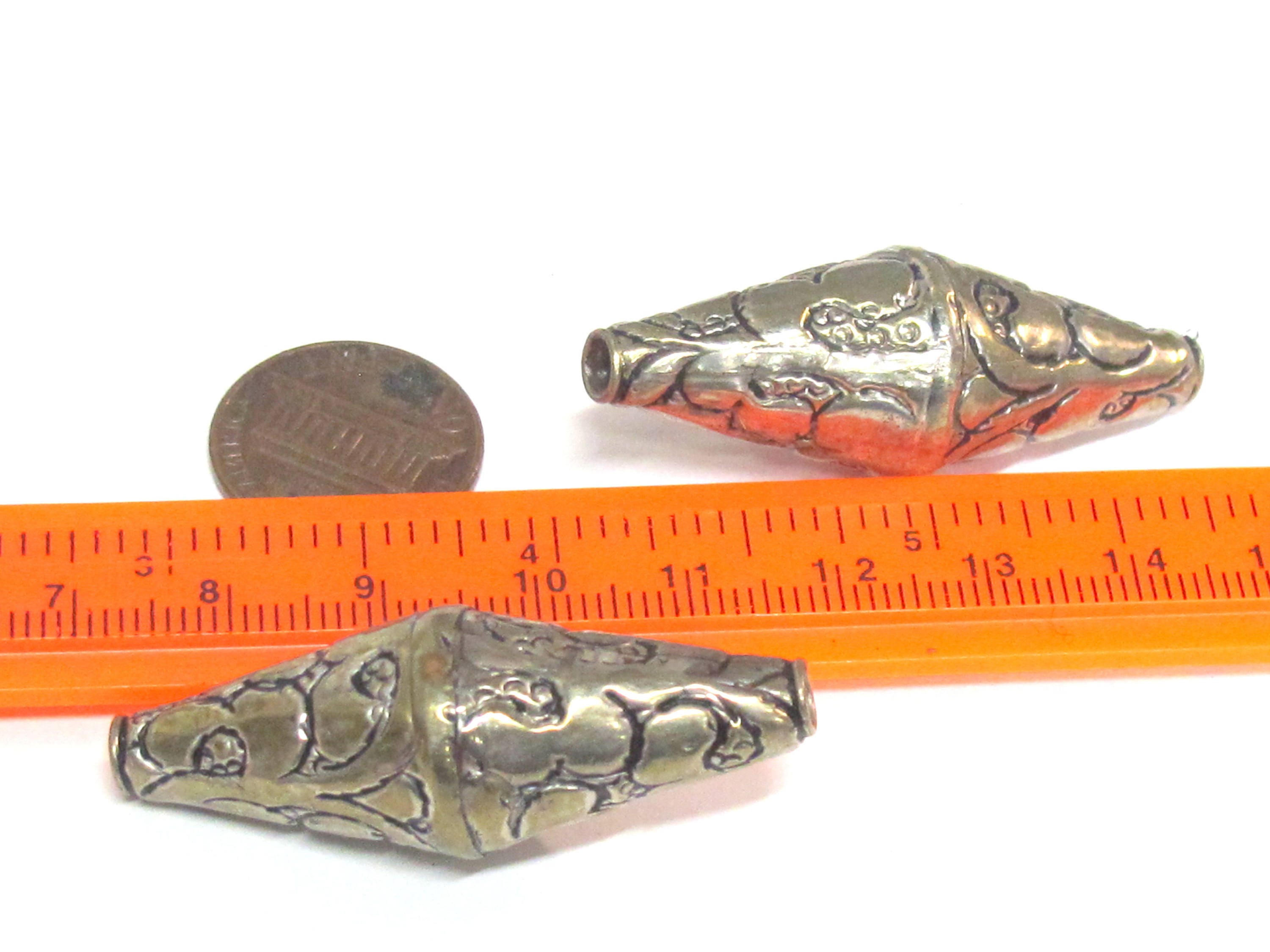 1 Bead - Beautiful Large Long bicone shape Tibetan silver floral repousse ethnic beads from Nepal - BD213B