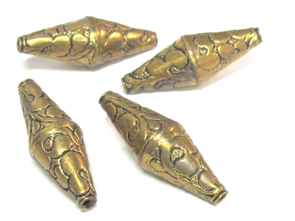 1 Bead - Beautiful Large Long bicone shape Tibetan brass antiqued golden finish floral repousse beads from Nepal - BD214B
