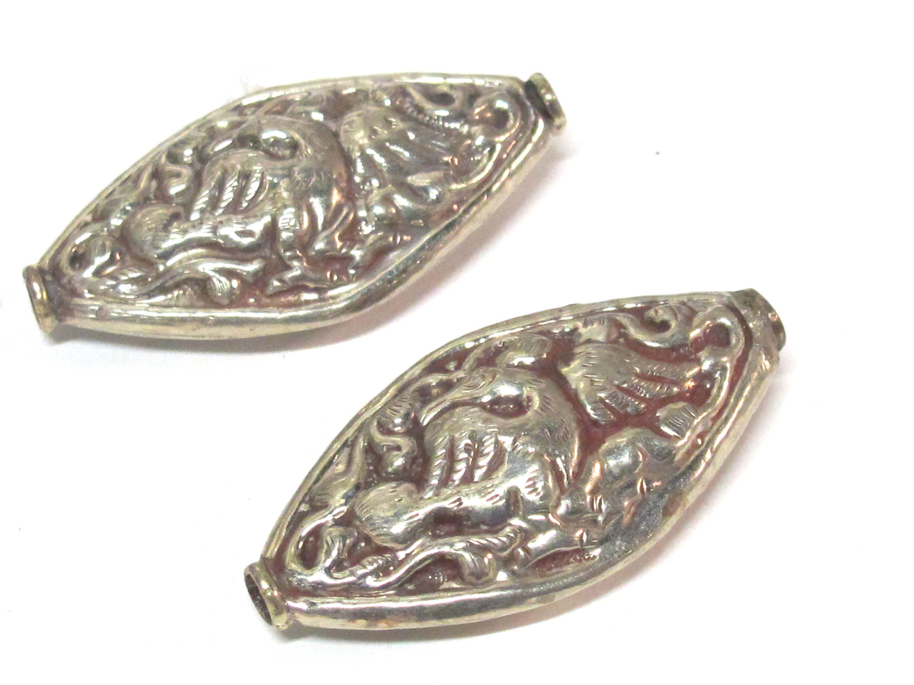 1 Bead - Dual sided large size Tibetan silver eagle phoenix bird carving repousse bead from Nepal - BD221B