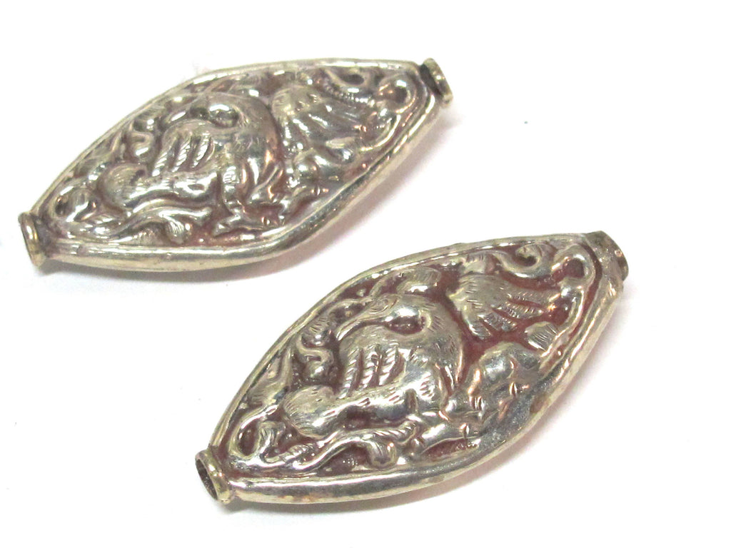 1 Bead - Dual sided large size Tibetan silver eagle phoenix bird carving repousse bead from Nepal - BD221B
