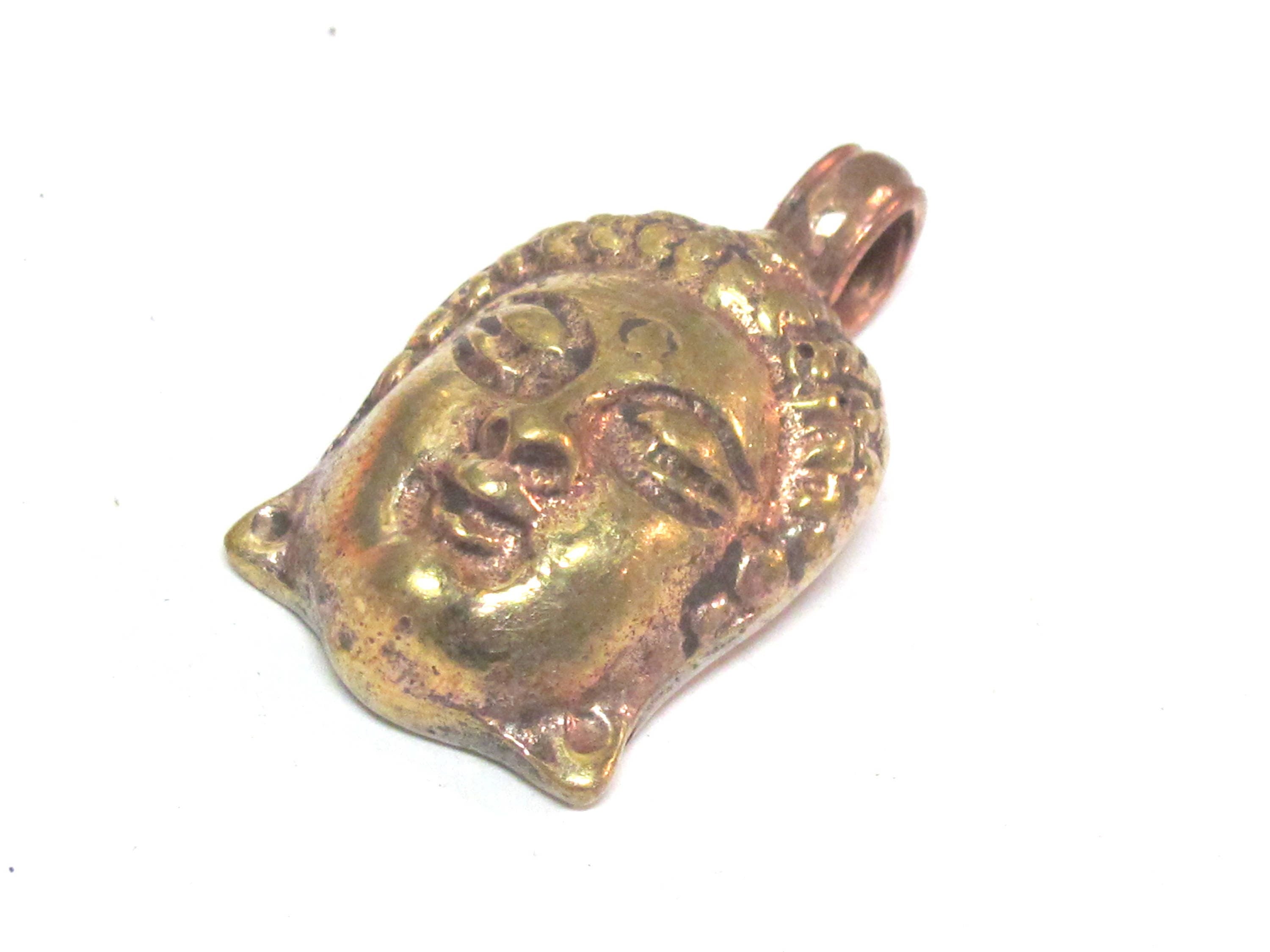 1 Pendant - Tibetan solid brass Buddha face pendant with mix coppery antiqued finish reverse side floral carving from Nepal - PM462C