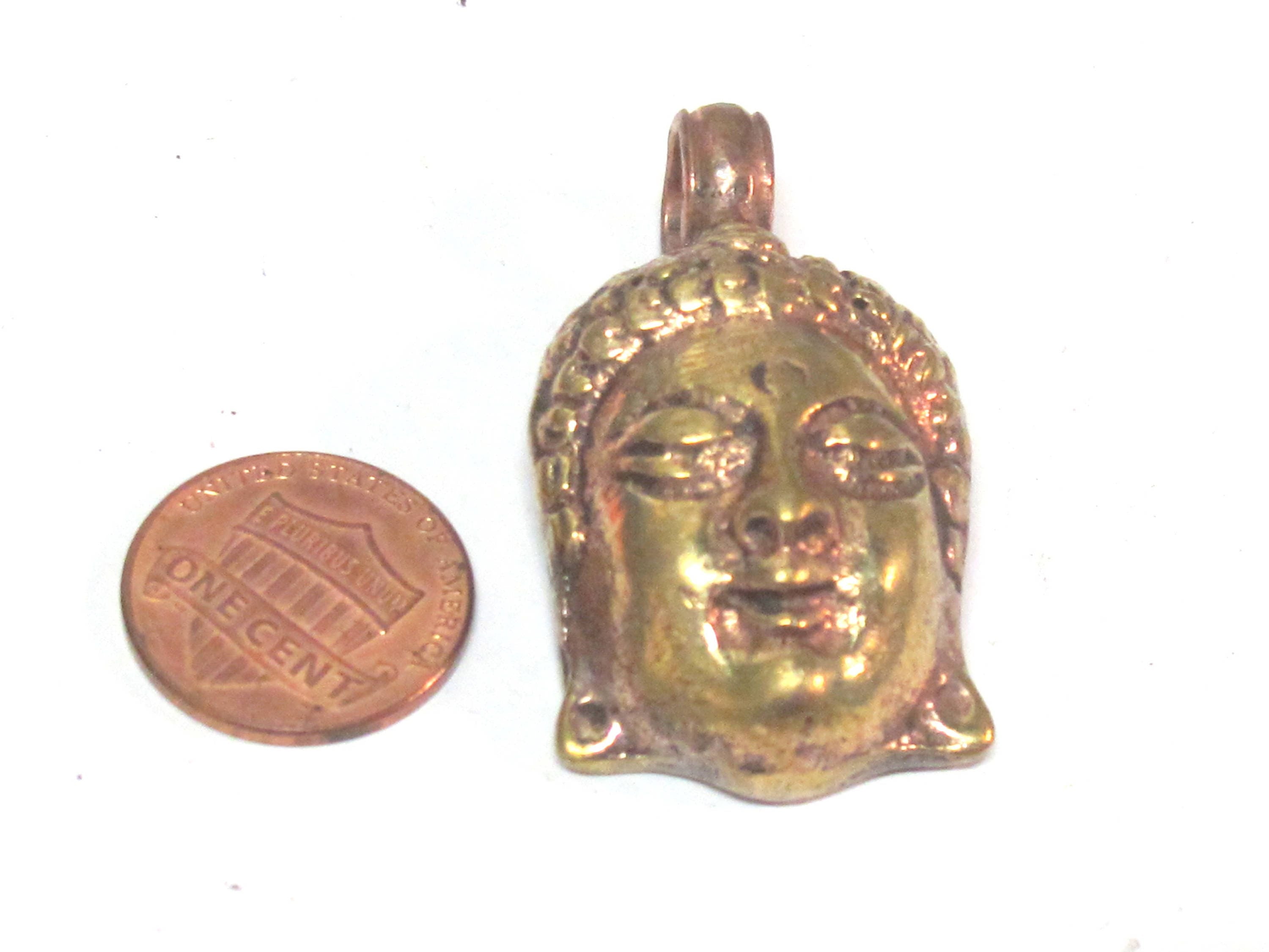 1 Pendant - Tibetan solid brass Buddha face pendant with mix coppery antiqued finish reverse side floral carving from Nepal - PM462C