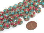 10 Beads - Ethnic Nepal beads oval shape brass circles design with turquoise inlay - BD837K