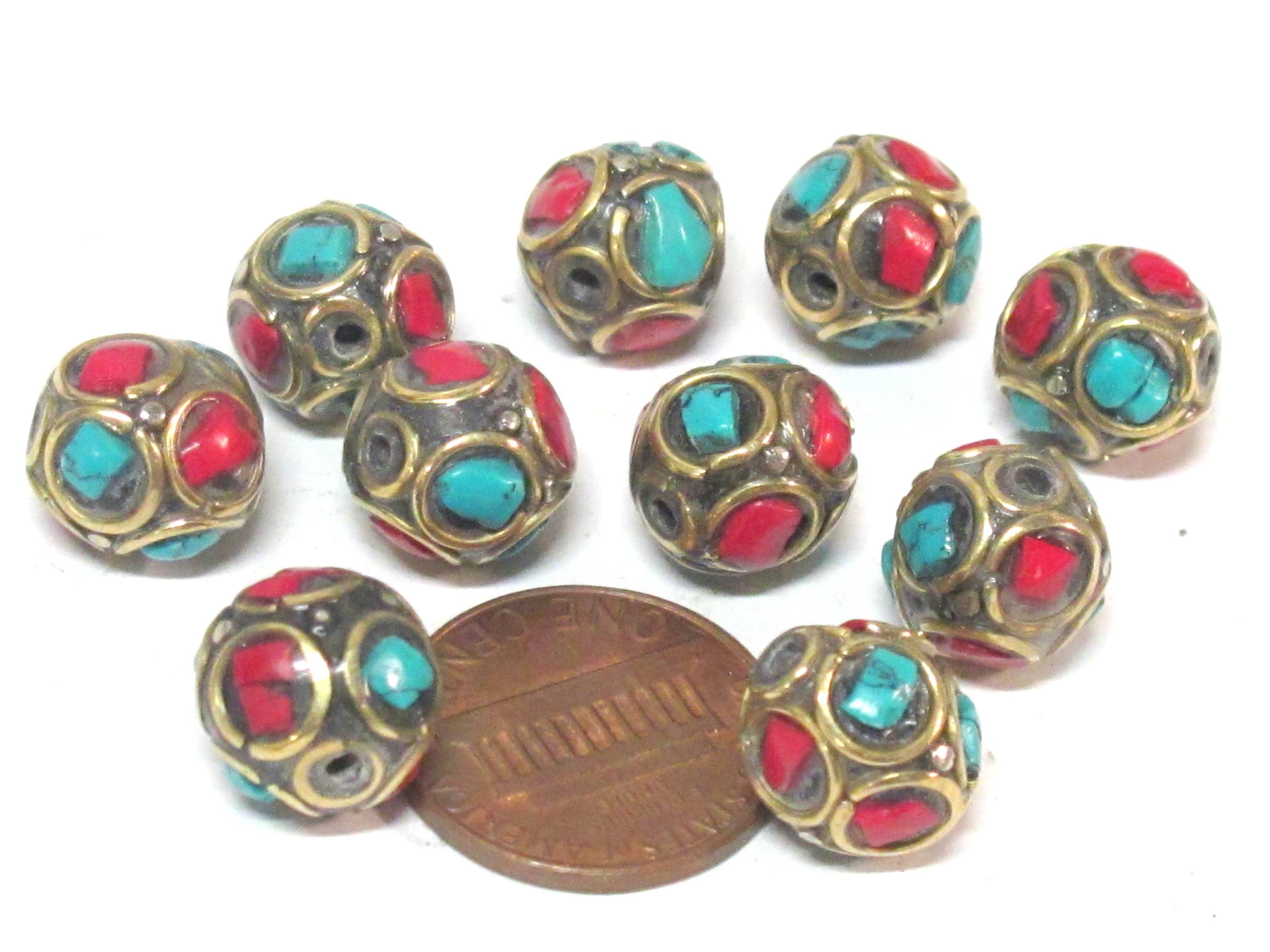 10 Beads - Ethnic Nepal beads oval shape brass circles design with turquoise inlay - BD837K