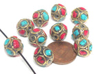 10 Beads - Ethnic Nepal beads oval shape brass circles design with turquoise inlay - BD837K