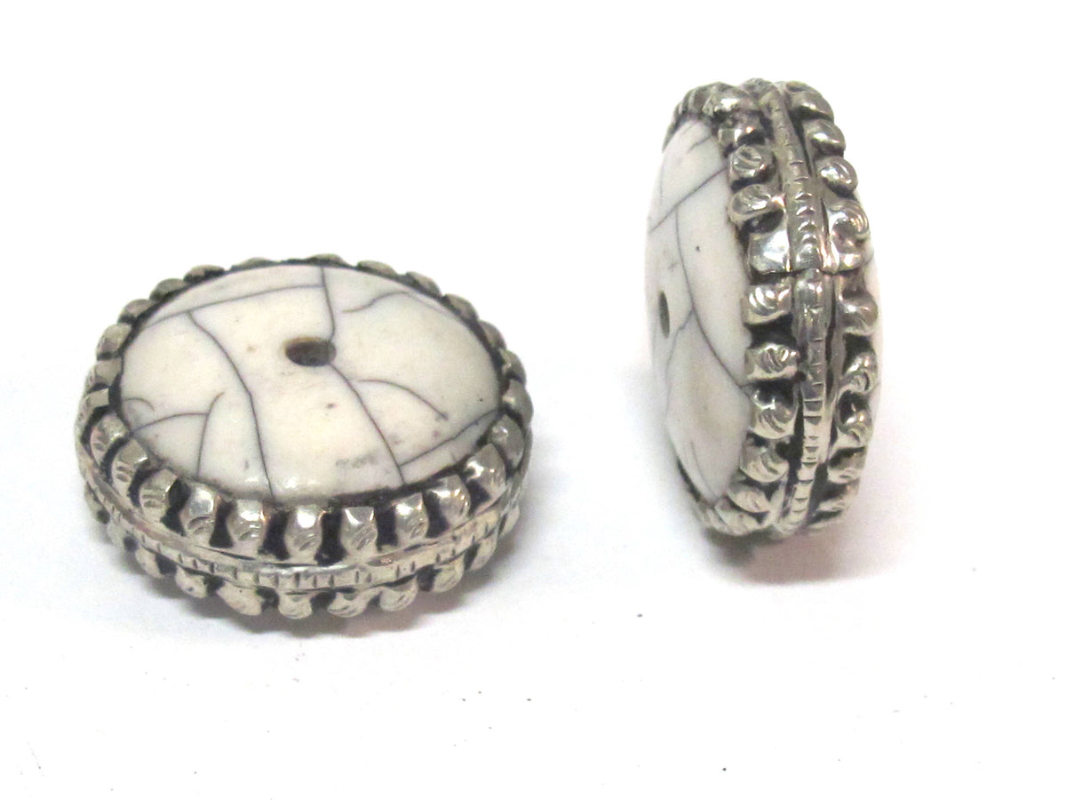 1 BEAD - Beautiful large disc wheel shape tibetan silver encased white crackle resin focal pendant bead - BD311B