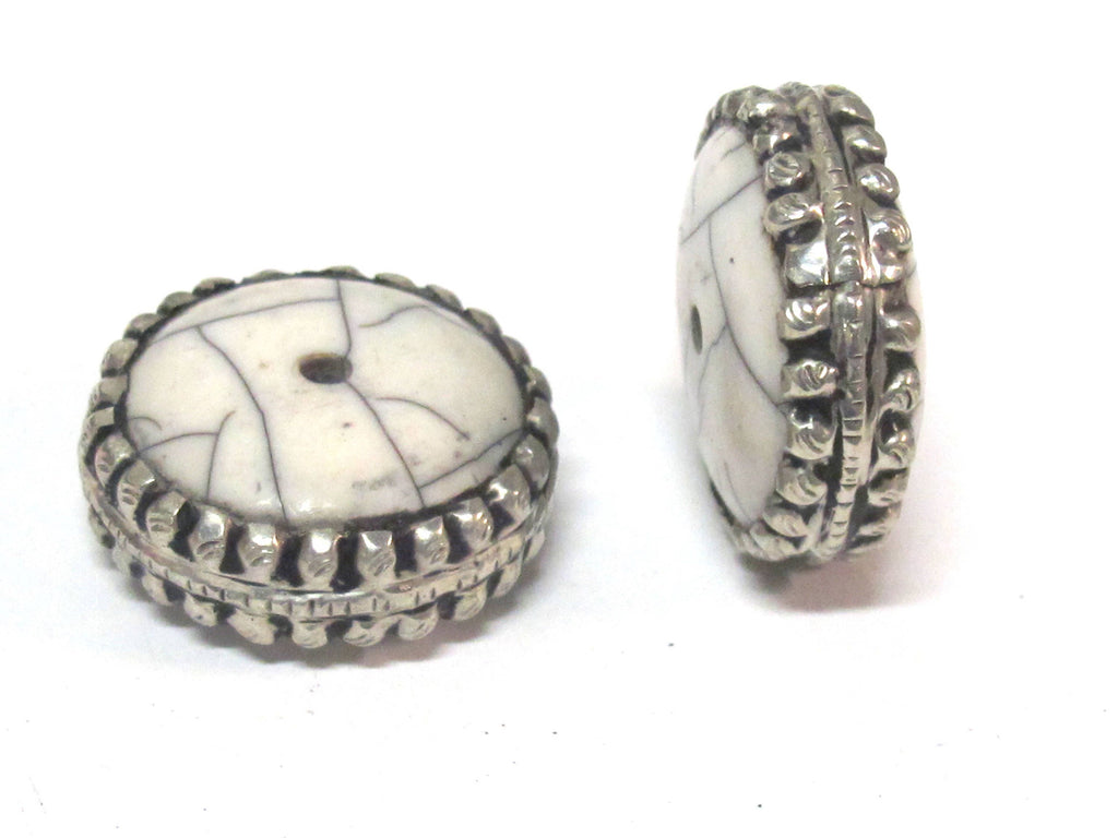 1 BEAD - Beautiful large disc wheel shape tibetan silver encased white crackle resin focal pendant bead - BD311B