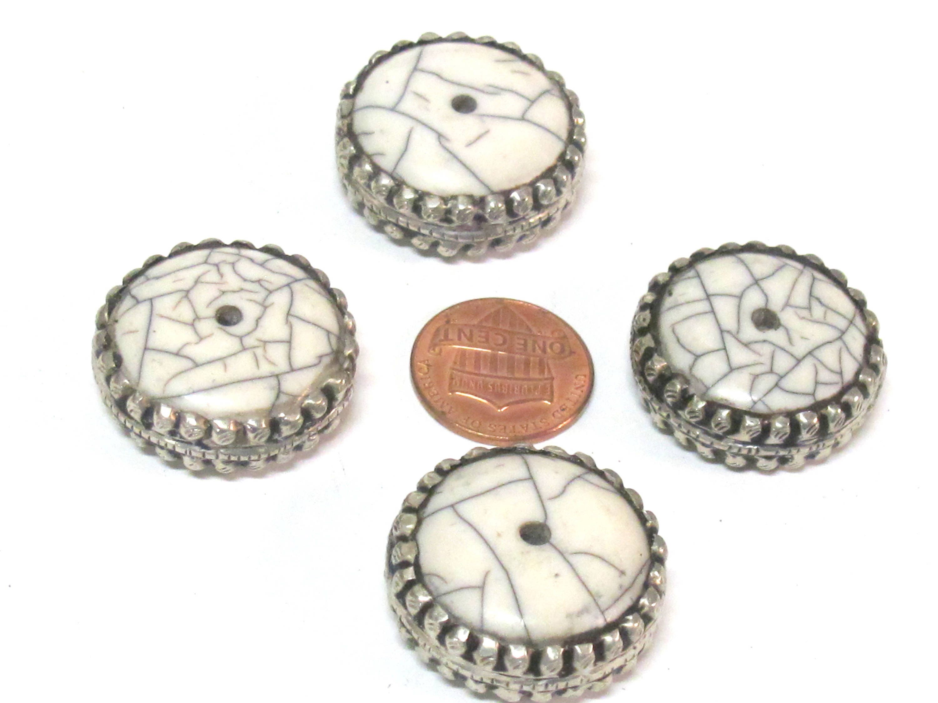 1 BEAD - Beautiful large disc wheel shape tibetan silver encased white crackle resin focal pendant bead - BD311B