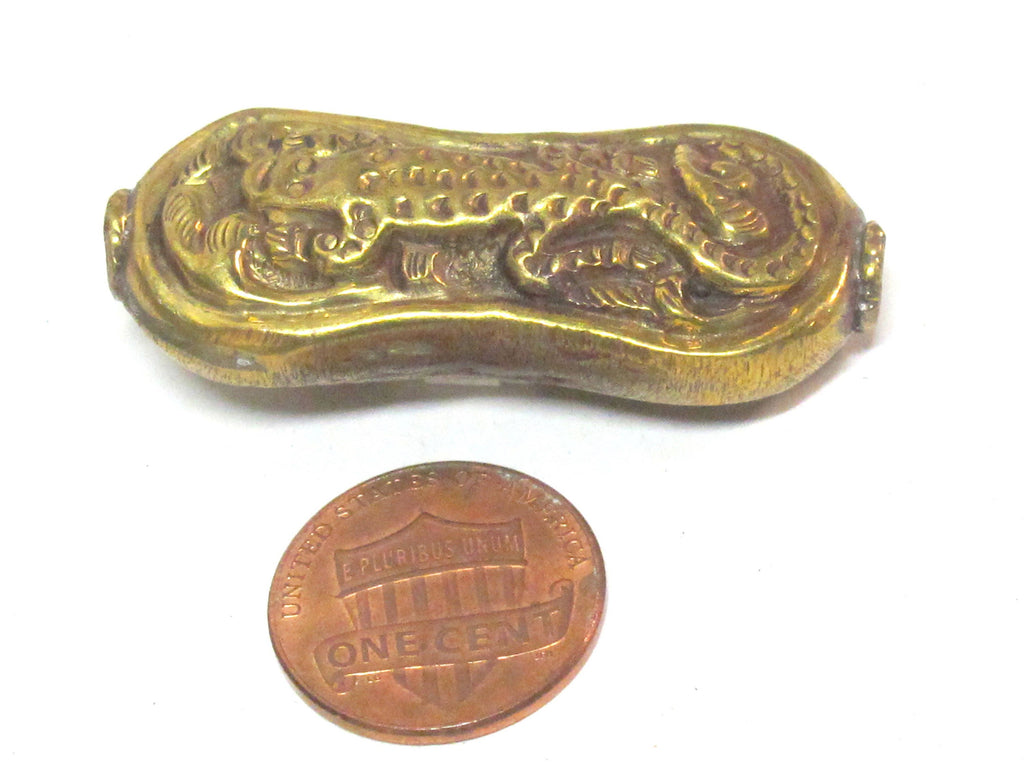 1 Bead - Large reversible Tibetan brass bead from Nepal with carved alligator lizard gecko - jewelry making supplies - BD185B